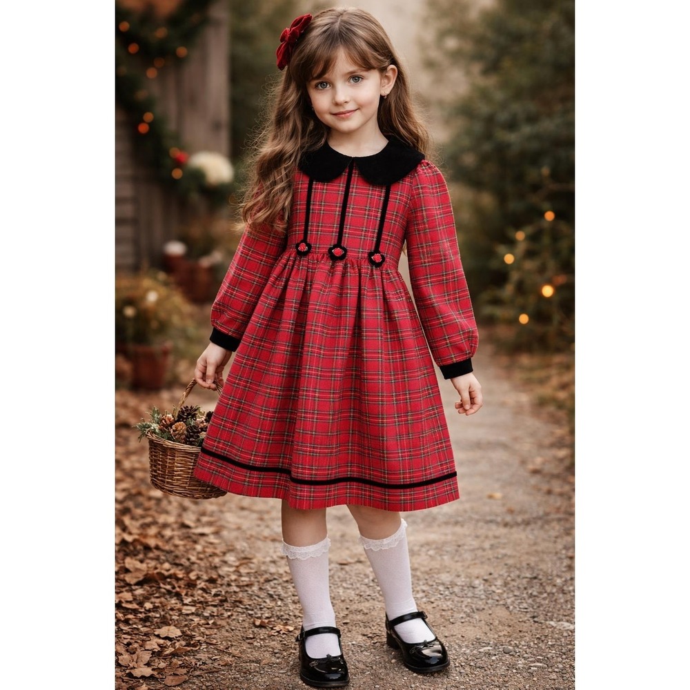 Vtg Girls SZ 7 Red Plaid Tartan Dress Black Velvet Collar Rose Preppy Victorian
